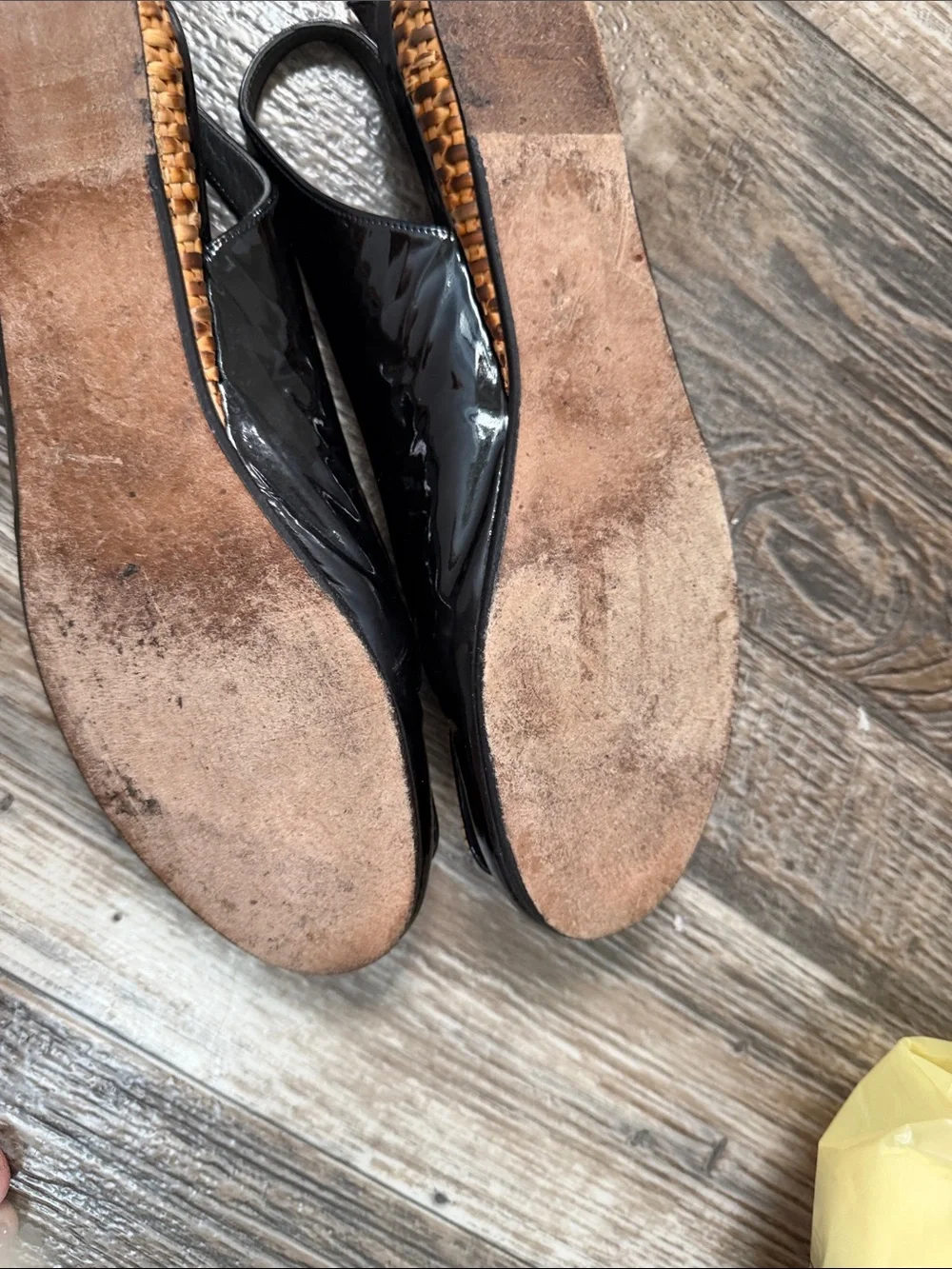Stuart Weitzman Black Patent Slingback Flats with Tan Woven Buckle